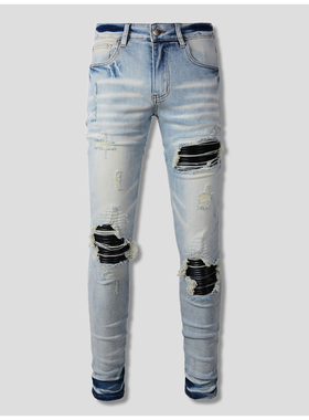 AMR jeans AMR pants torn jeans高街破洞紧身拼皮牛仔裤子