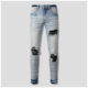 jeans pants torn AMR jeans高街破洞紧身拼皮牛仔裤 子