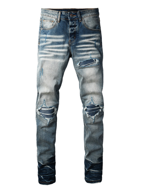 AMR jeans MX1 美式修身长裤太一街头高街破洞补丁紧身男牛仔裤子