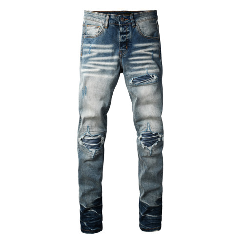 AMR jeans MX1 美式修身长裤太一街头高街破洞补丁紧身男牛仔裤子
