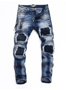 D Jeans Skinny Ripped Jeans 美式高街铆钉破洞修身男裤牛仔裤子