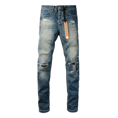 KUS jeans美式高街基础破洞做旧修身长裤紧身高街紧身男牛仔裤子