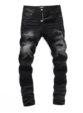 AMR jeans MX1 美式修身长裤街头高街补丁破洞紧身男牛仔裤子