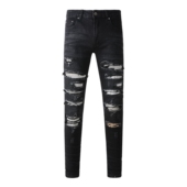 jeans pants torn AMR MX12高街破洞黑色牛仔裤 子