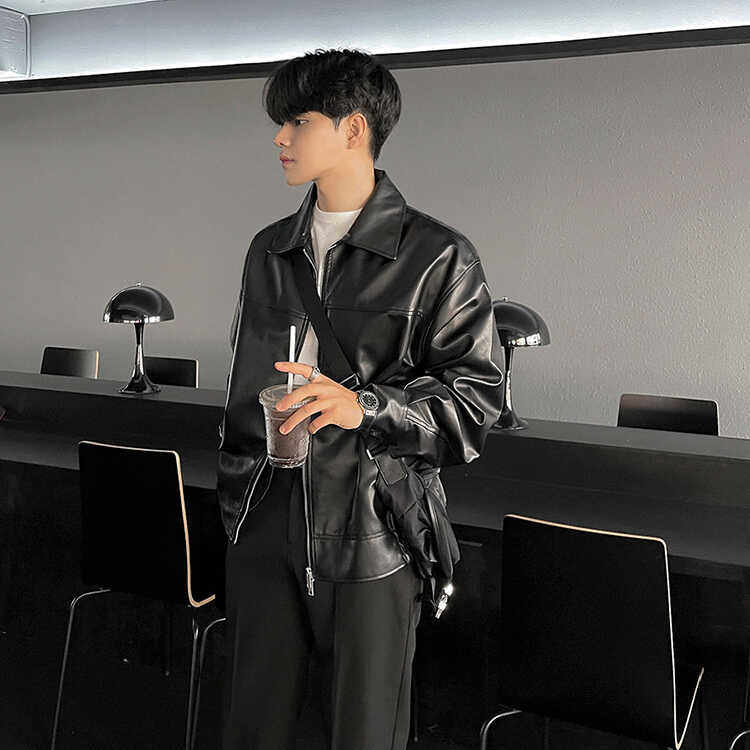 高级感软皮夹克双拉链外套