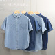 复古做旧双口袋工装 短袖 牛仔衬衫 男士 男潮牌宽松潮流薄款 免烫衬衣