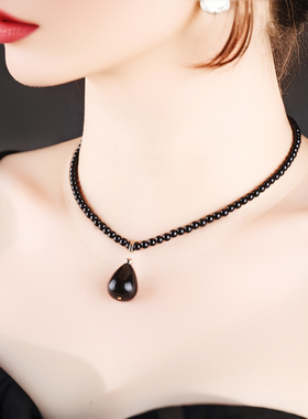 锁骨链女天然精致黑玛瑙脖链吊坠高级感珠子项链黑色气质颈链绳子