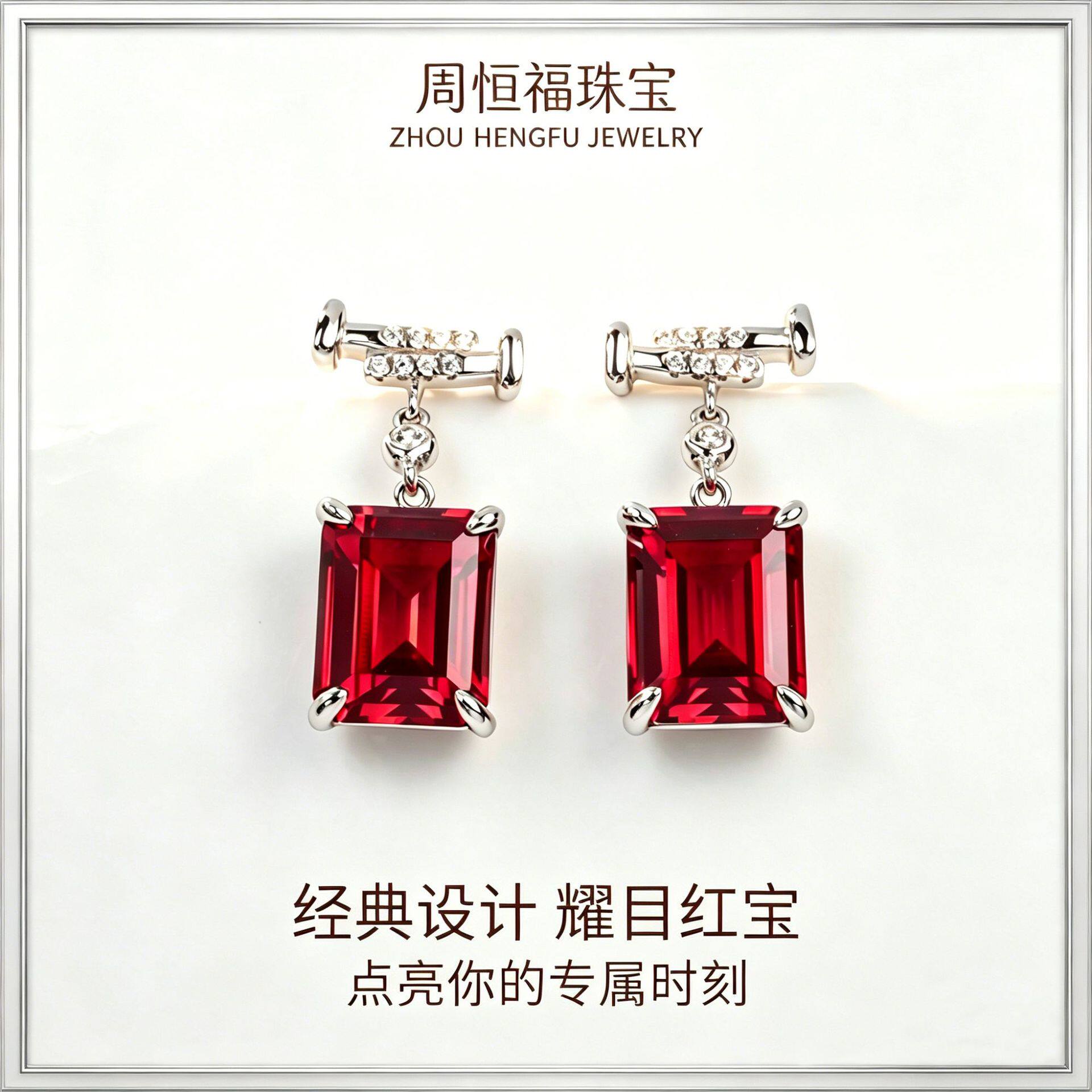 珠宝s925银长方形培育耳环耳钉百搭红宝石耳饰高级感轻奢小众设计