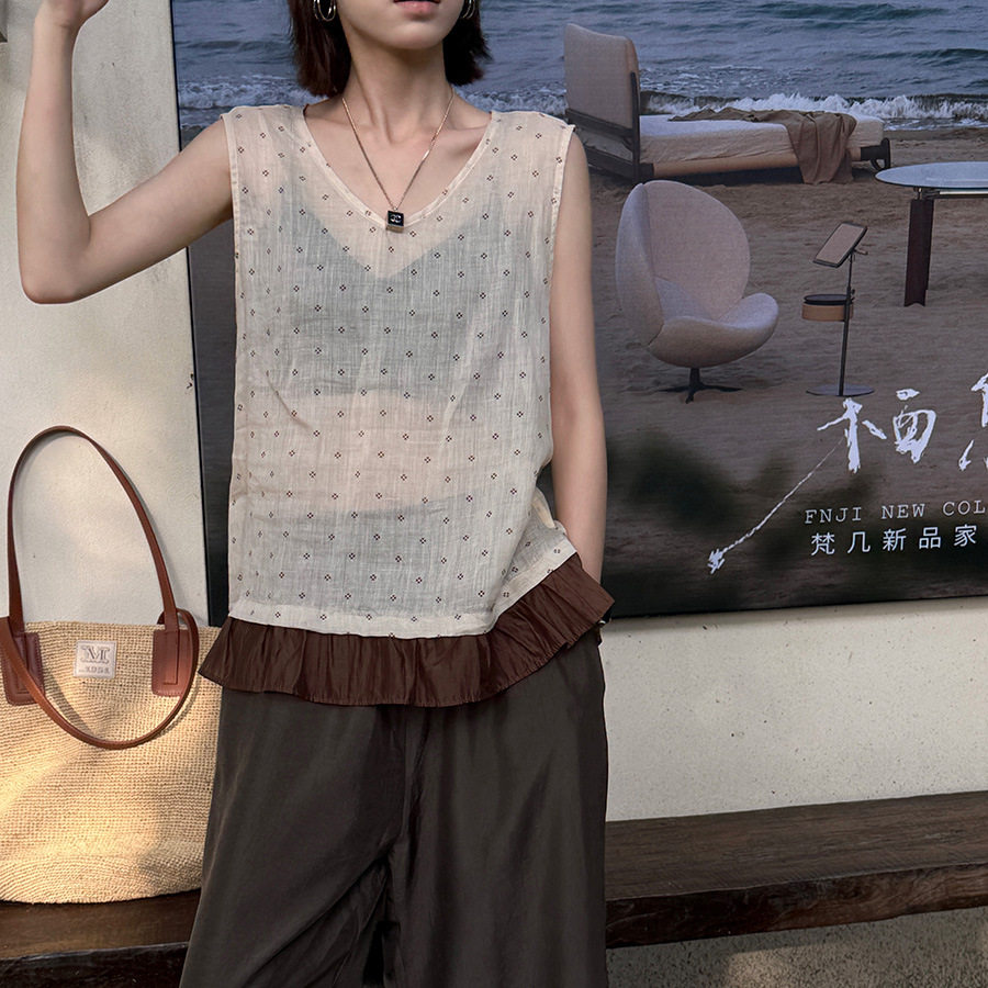 韩系幸运草拼接苎麻无袖衬衫女夏2026新款小清新百搭背心上衣