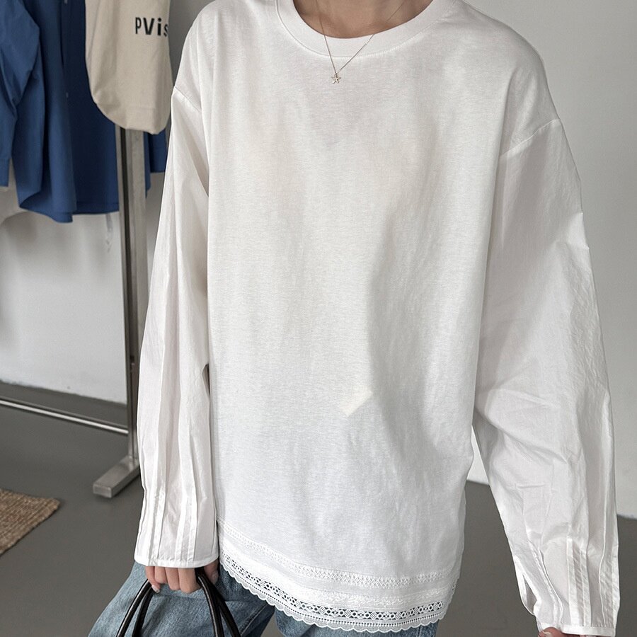 早春新款韩系衬衫袖拼接蕾丝长袖T恤女2026时尚百搭内搭上衣