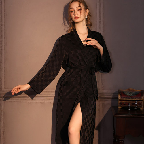 缎面黑色格子睡袍男女同款春秋季冰丝睡衣夏天凉感家居服晨袍浴袍