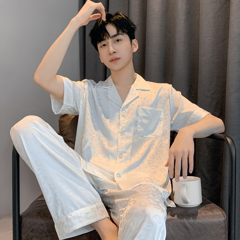 男士丝绸提花豹纹睡衣开衫