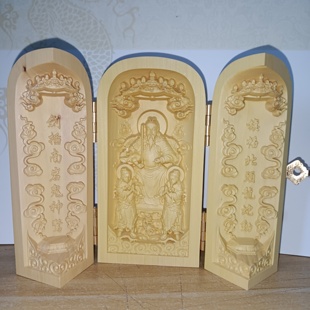 真武大帝黄杨木雕三开摆件随身木雕