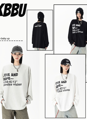 KKBBU复古美式标语字母印花长袖重磅t恤男女宽松简约cleanfit上衣
