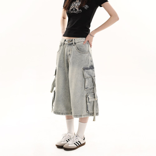 美式复古工装牛仔七分短裤男女