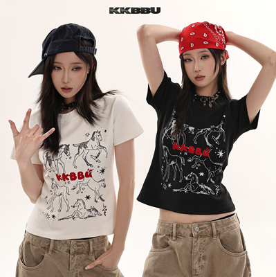 KKBBU字母小马印花短袖T恤女