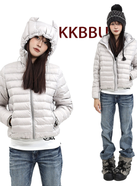 KKBBU新国标90白鸭绒排骨羽绒服正肩短款女小狗耳朵连帽灰色外套