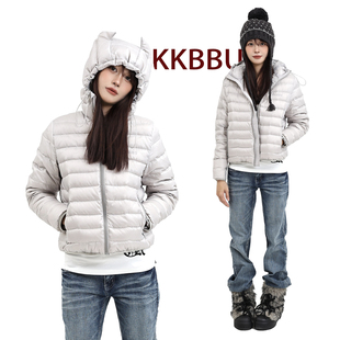 KKBBU新国标90白鸭绒排骨羽绒服正肩短款女小狗耳朵连帽灰色外套