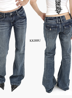 KKBBU复古做旧中低腰微喇牛仔裤女拖地长裤美式辣妹风显瘦裤子潮