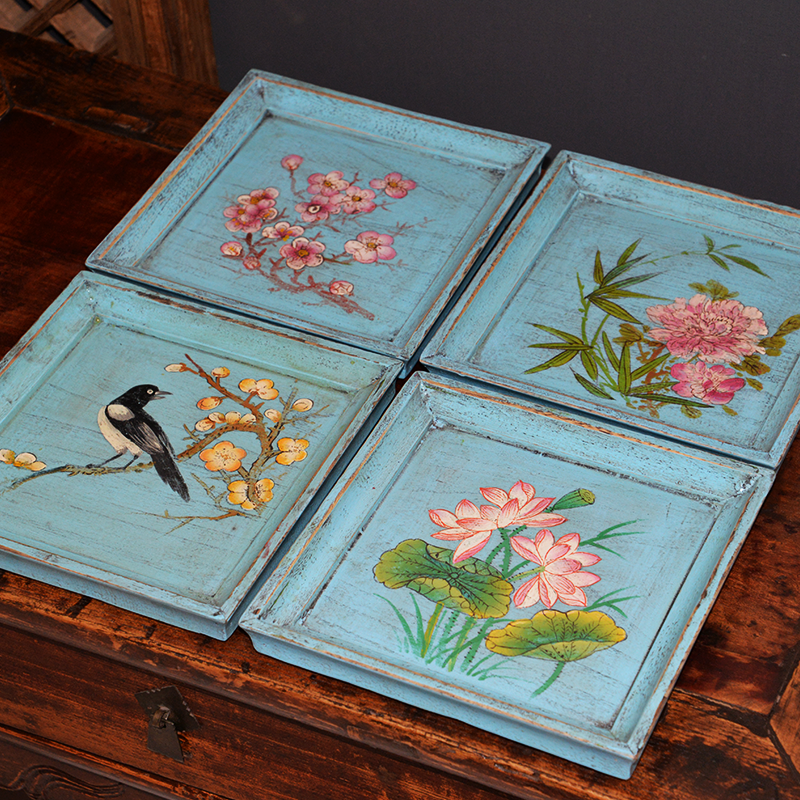 实木手绘托盘茶盘木制餐厅装饰盘家用方形放茶杯中式做旧仿复古风,餐饮具,盘,淘宝优惠券,粉丝福利购,淘宝优惠卷