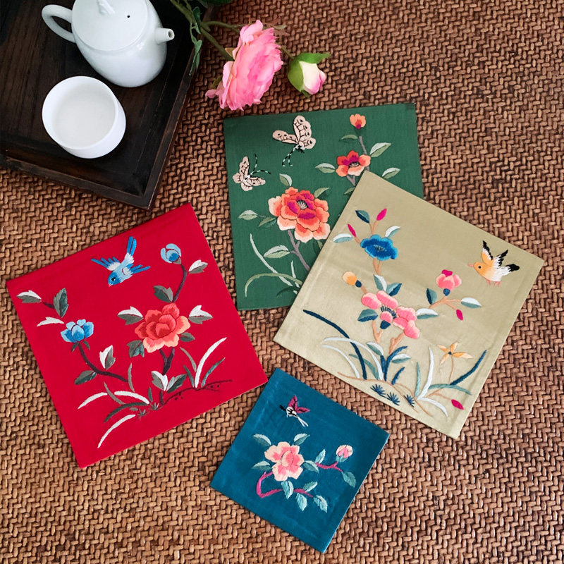 杯垫隔热垫方形花瓶垫茶道垫子中式茶杯垫手工diy真丝刺绣老绣片,餐饮具,杯垫,淘宝优惠券,粉丝福利购,淘宝优惠卷