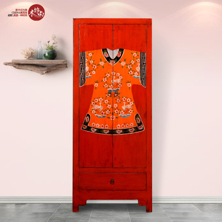 手绘衣柜木质衣柜定制衣柜新中式柜子实木家具2门1屉红衣柜高立柜