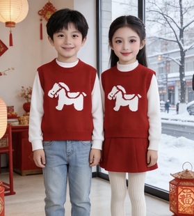 [一马当先]儿童针织马甲2026新款马年男女宝新年红色毛衣背心打底