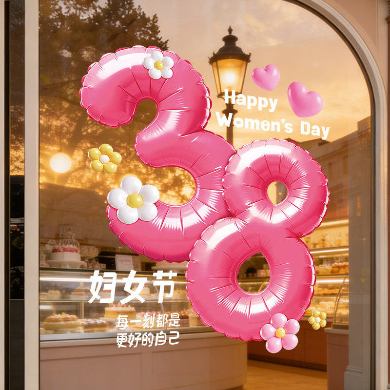 三八妇女节橱窗装饰立体气球UV静电贴玻璃门贴纸38节活动氛围布置