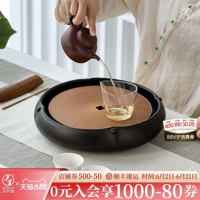 万仟堂茶盘家用圆形陶瓷茶盘高级感沥水托盘功夫茶台盘花开有香02