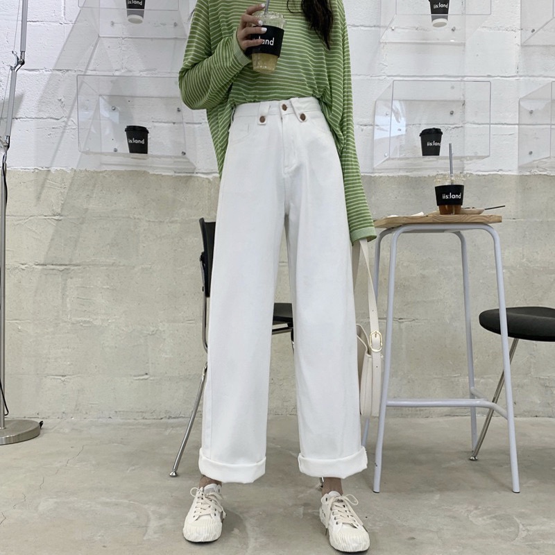 Fresh and loose wide leg casual white straight leg floor pulling jeans trousers in spring