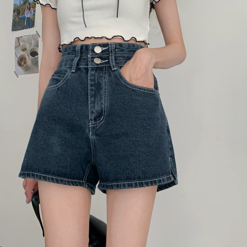 A-line denim shorts with irregular front, short back, high waist and wide legs