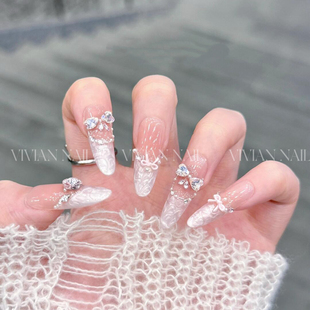 【奶油贝贝】Vivian甜心粉钻蝴蝶结贝母螺纹法式手工穿戴甲271款