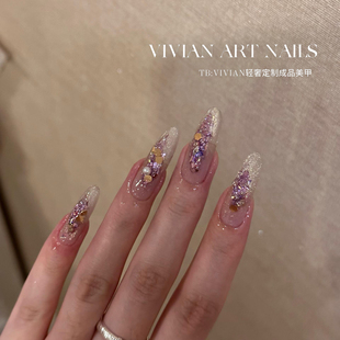 【希腊神话】Vivian纯欲裸色碎钻猫眼紫色亮片纯手工穿戴甲Y846款