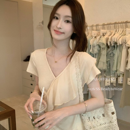 AS OFFICIAL-Lace芭蕾纯欲感反应超好纱纱荷叶边拼接度假约会小衫