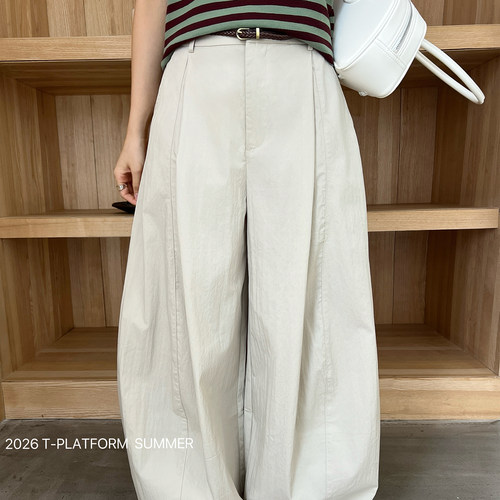 T-PLATFORM-裤三片式微弧茧型休闲裤女气质小个子休闲裤(配皮带)