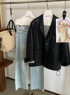 MADEIN OST-26年早春摩登召唤仿真蛋白条纹内衬pu软皮西装