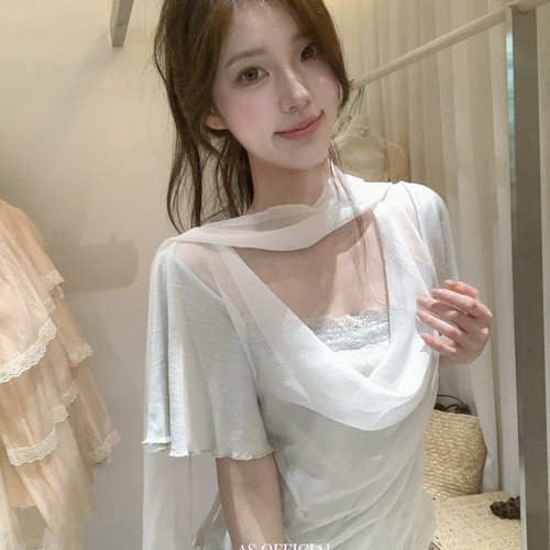 AS OFFICIAL-大美女磁场档口大热门纯欲荡领网纱拼接小衫