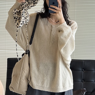 休闲圆领半开纽扣纯色毛衣针织衫 卢浮Sei 提前上新韩版