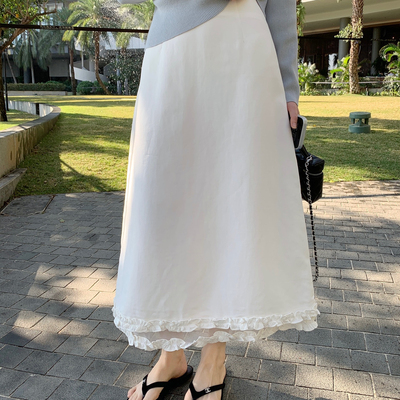 SANTA GROVE-莱赛尔温柔显瘦气质通勤后开叉花边长款半身裙