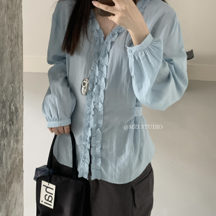 STUDIO 甜美气质清新木耳边v另衬衫 MZI 新款 收腰修身 显瘦上衣小衫