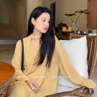 DIGM 新极简风松弛感纯色亚麻V领宽松显瘦针织衫 配领绳 12亚麻