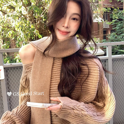 GS.GOOD START-冬气质松弛蝙蝠袖毛衣+半身裙套装(配可拆卸围巾)