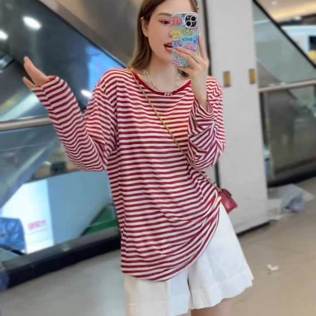 杭楚-25夏季新款韩版圆领宽松撞色条纹长袖T恤女休闲上衣潮防晒衫