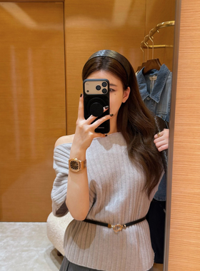 EASE-感圆领坑条包袖遮肉收腰针织衫(配腰带)（含100羊毛）(销量