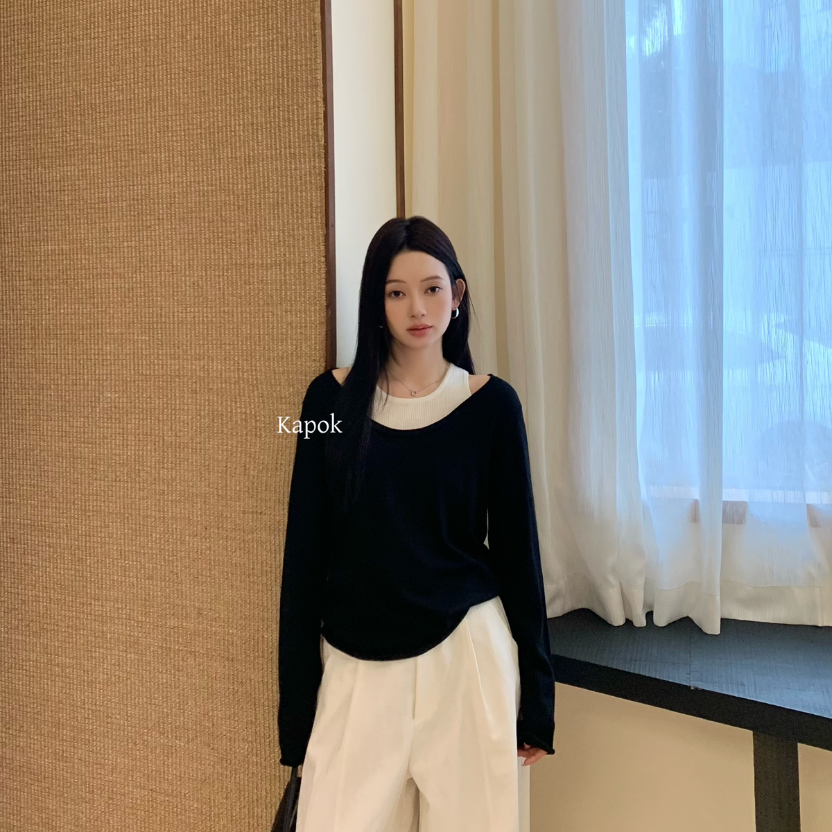 KAPOK-巨好看高级感假两件百搭撞色针织上衣针织衫