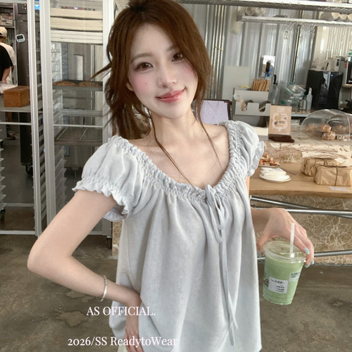 AS OFFICIAL-日记好韩尝到甜头的美；多穿法蝴蝶结系带泡泡袖小衫