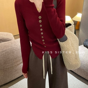 针织衫 KISS 撞色排扣亲肤收腰显气质内搭长袖 搭V领修身 SISTER
