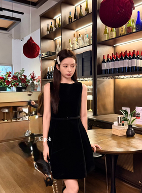 KAPOK-年会法式百搭赫本风丝绒收腰显瘦连衣裙(配腰带)