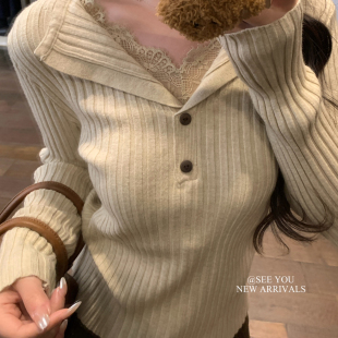 甜美蕾丝V领设计针织衫 SEE 返场心水掐腰秋冬法式 爆款 YOU