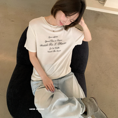 IMISS-春款韩标简约印花圆领棉麻短袖T恤(麻料有麻结麻点为正常)